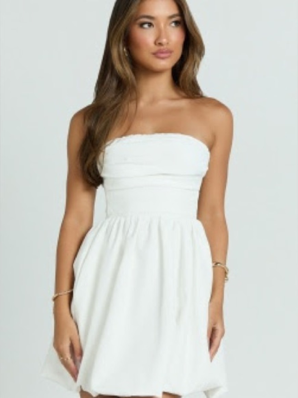 Showpo SHAIMA MINI DRESS - STRAPLESS BUBBLE HEM DRESS IN WHITE